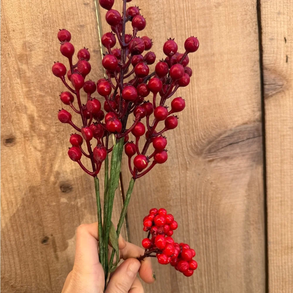 6 faux Red holly Berry Stems - Festive Home Accent Christmas holiday